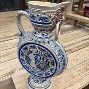 Antique German Stoneware Vase | Westerwald Blue & Gray Relief Pitcher